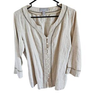 Liz Claiborne Woman Size M 100% Linen Blouse Button Front Side Slits Lagen Look